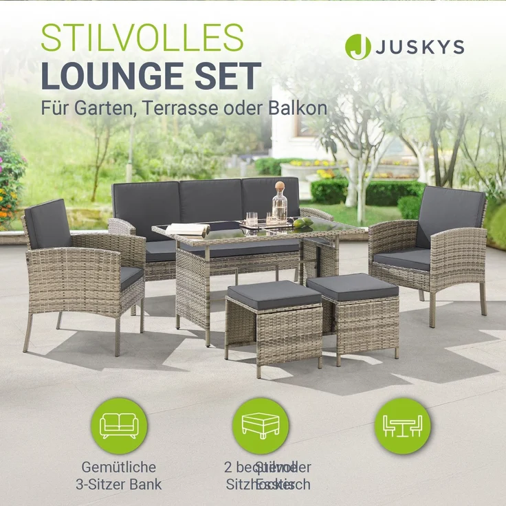 Juskys 'Turin' Outdoor Sitzgruppe für 7 Personen, Polyrattan, 120 x 70 cm, Grau – Bild 2