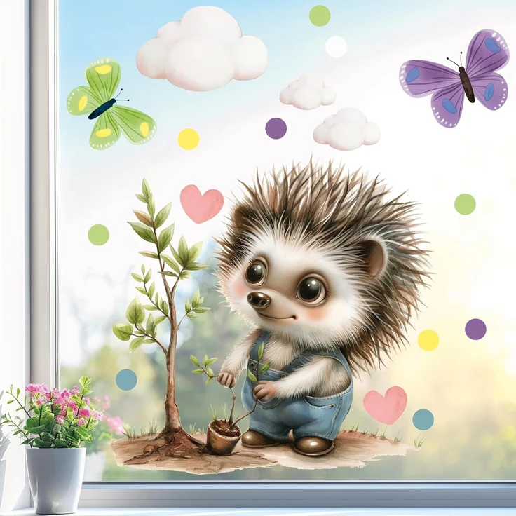 Sunnywall Fensterdekoration wiederverwendbares Fensterbild Igel Gärtner in Latzhose, wiederverwendbar, statisch haftend, beidseitiger Druck
