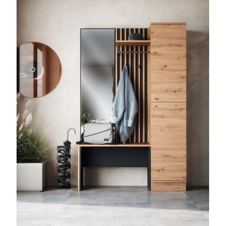 Newroom Kompaktgarderobe Wildeiche 122 cm Wildeiche Garderobe Schuhregal Flurgarderobe Modern Vintage Gardero... – Bild 1