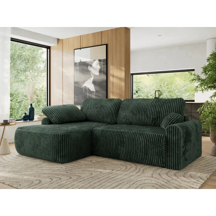 Ecksofa, L-förmiges, lose Kissen, DL-Schlaffunktion, (H 100 x T 187 x B 273 cm) - CUBO L - Cord Grün - linke Seite