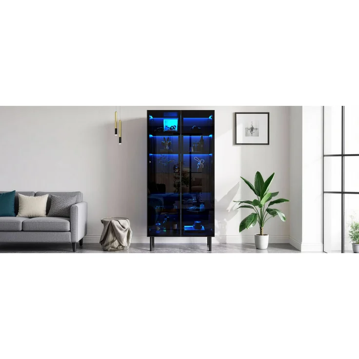Vitrine mit Glastüren, LED-Beleuchtung per App steuerbar, 2 Schubladen, Innenregale, Standvitrine Wohnzimmer, Aufbewahrungsschrank mit Glasfront--Schwarz--70x36x170cm--YOUDENOVA – Bild 10