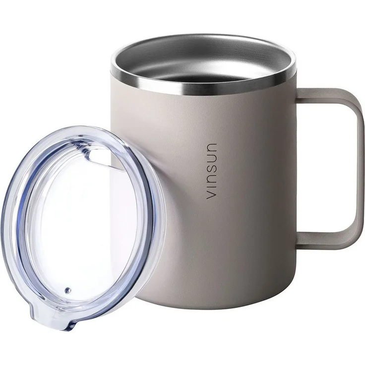Vinsun Thermobecher Edelstahl Isolierbecher 350ml - Kaffeebecher mit Henkel und Deckel, 2-tlg, Edelstahl, Doppelwandig isoliert, BPA frei, bruchfest, Kalt- und Heißgetränke – Bild 1
