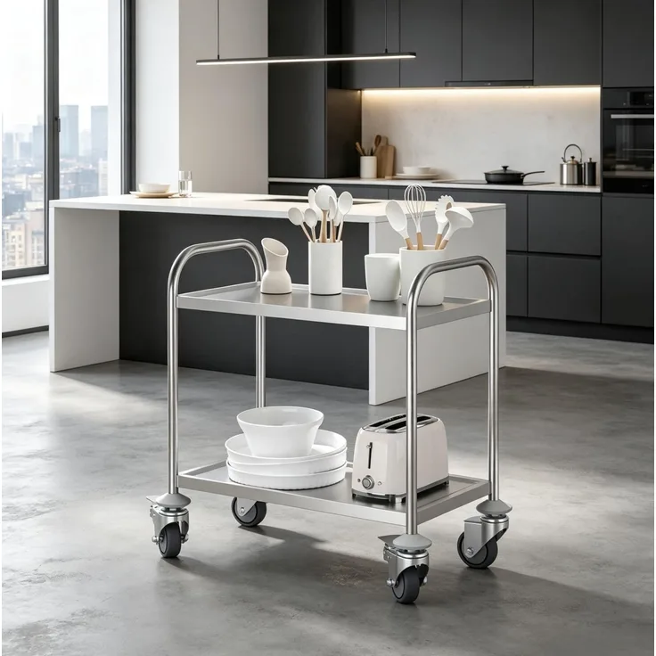 Küchenwagen aus Edelstahl mit 2 Ablagen & Rollen, 80x45x82 cm, Grau