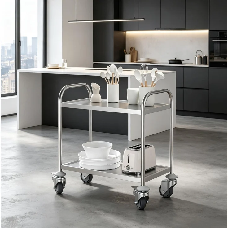 Küchenwagen aus Edelstahl mit 2 Ablagen & Rollen, 80x45x82 cm, Grau – Bild 1