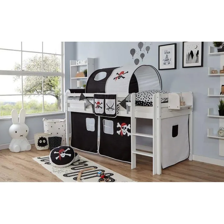 Ticaa 'Rene' Hochbett Buche weiß, 90x200 cm, Vorhang Pirat Schwarz-Weiß (Ausführung 1)
