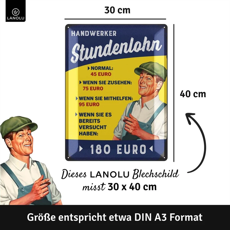 LANOLU Blechschild Handwerker Stundenlohn - 30x40cm – Metall – Mehrfarbig – 30105 – Bild 4