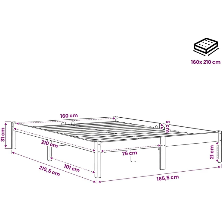 vidaXL Massivholzbett Extra Lang ohne Matratze 160x210 Kiefernholz 852408 – Bild 9