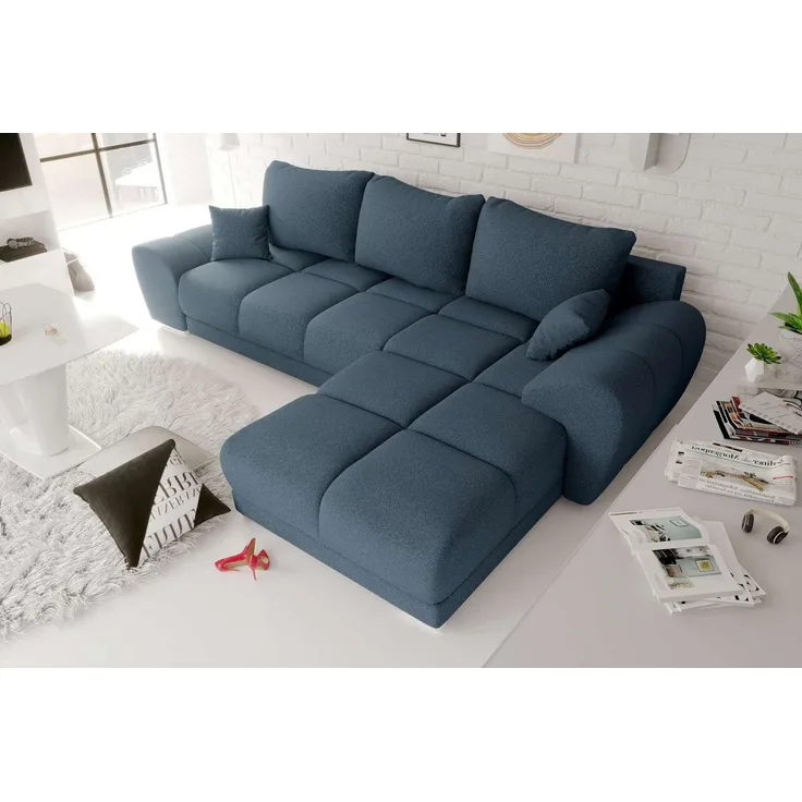 99rooms Antalya Ecksofa Strukturstoff NEVE Dunkelblau Rechts mit Schlaffunktion