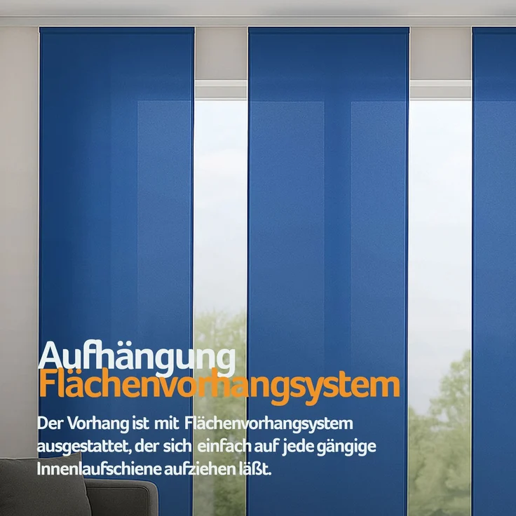 Flächenvorhang mit Klettband, Paneelwagen und Schleuderstab, ( BxL ) 60x245 cm in , blickdichte Schiebegardine mit Klett in vielen Farben Blau – Bild 7