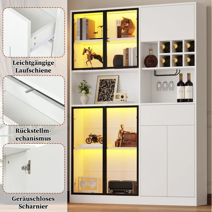 DESVIAE Regal Vitrinenschrank Weiß aus Spanplatte – 140x200x30 cm – LED-Beleuchtung, 7 Türen – Bild 4
