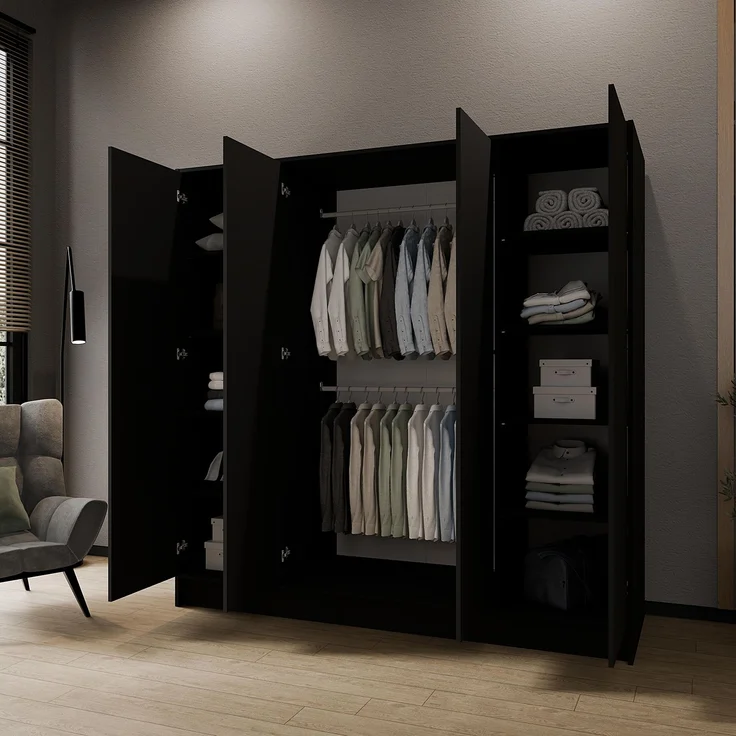 MEBLINI Kleiderschrank GALINDA 200cm - Schwarz Matt - griffloser Drehtürenschrank ohne Spiegel - Push-to-Open - mit Kleiderstangen und Regalböden – Bild 3
