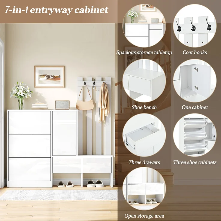 Garderobenschrank 160x35x160 cm mit Sitzbank, 3 Klappfächern und Hakenleiste, Weiß – Bild 8