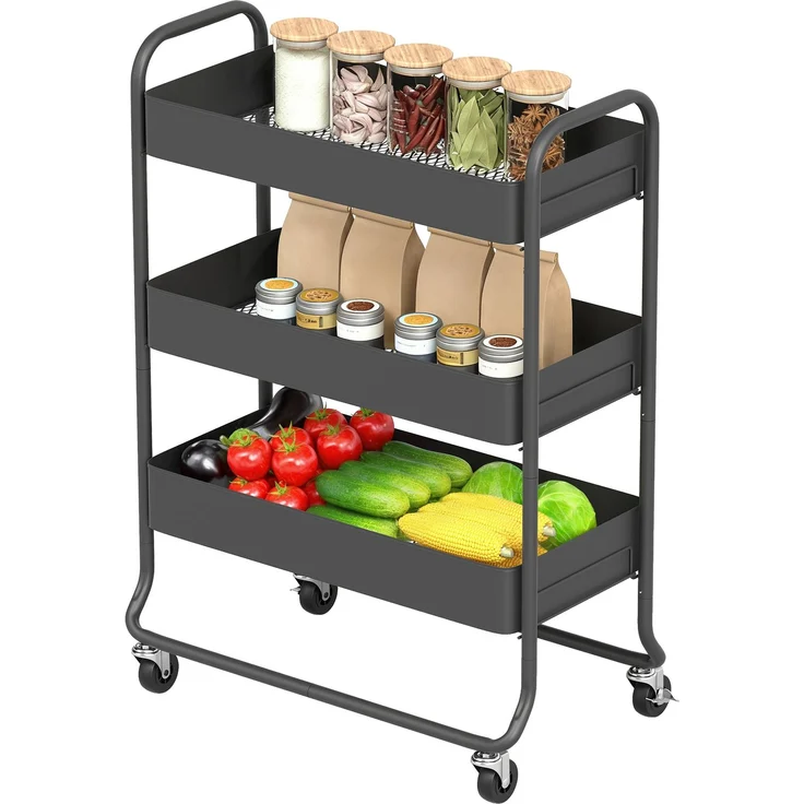 MELAYR, Küchenwagen, 3 Körbe, 4 Rollen, Metall, Schwarz, 64.5 x 34 x 87 cm – Bild 2