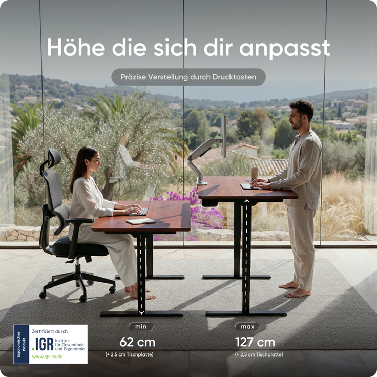 DESKSPACE PRO Plus Elektrisch höhenverstellbarer Schreibtisch, 180x80 cm Stehpult mit Memory-Funktion, Mahagoni Tischplatte, Schwarzes Gestell – Bild 5