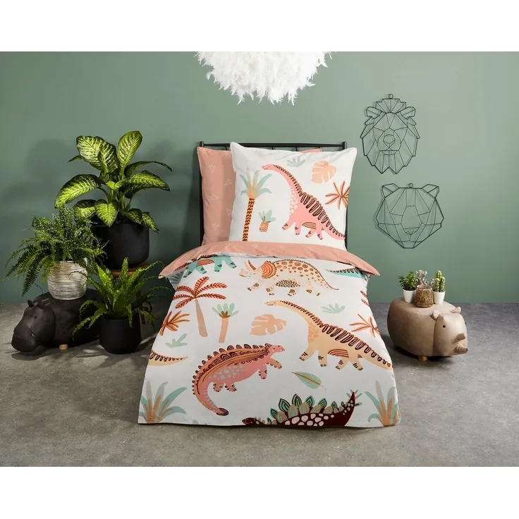 good morning Babybettwäsche Dino, Renforcé, 2 teilig, 100% Baumwolle, 120x150, Reißverschluss, Wendeoptik, Baby, Junge, Dino