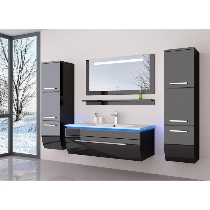Homeline Badmöbel-Set Badmöbel Set montiert Schwarz Hochglanz Badezimmermöbel 120 cm, (Spar set, 6-St, Spiegel, Waschbecken, Unterschrank, Keramik beginnen Hochschrank) – Bild 1