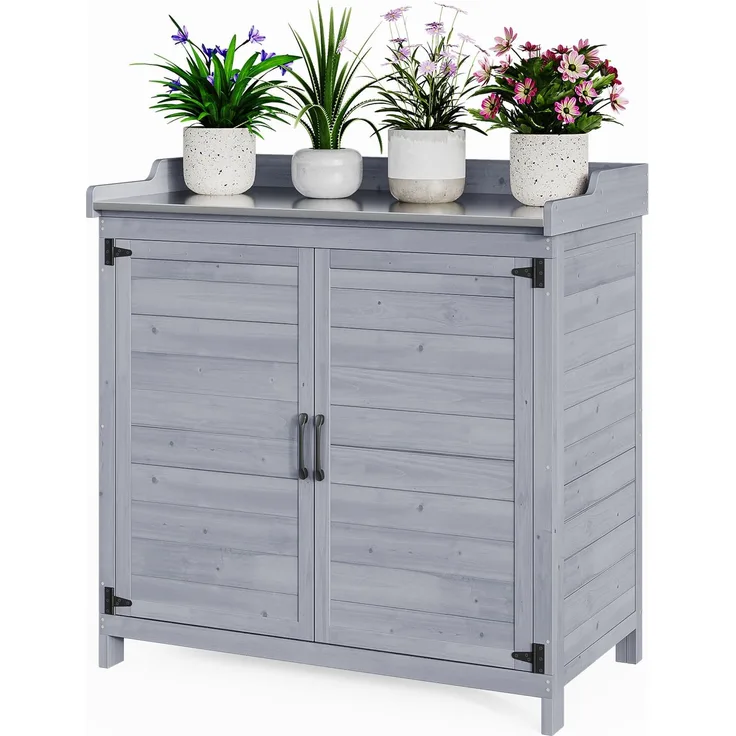 Bealife Pflanztisch mit Unterschrank, Gartenschrank mit Arbeitsplatte mit 1 Bewegbarer Einlegeboden für den Innen- und Außenbereich (Grau, 48T x 98B x 95H)