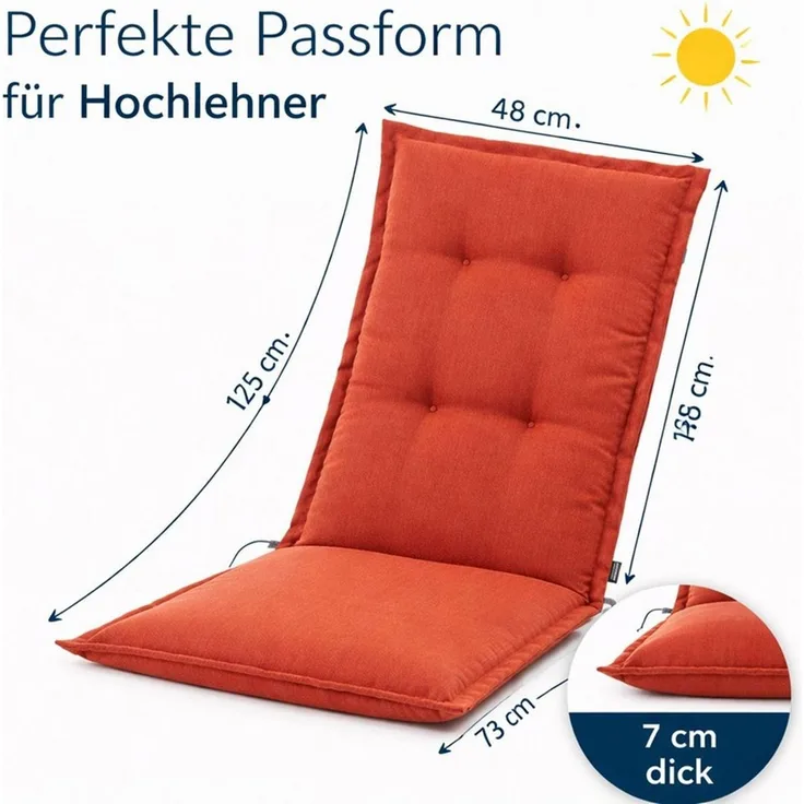 BURI 6x Auflagen Set Hochlehner für Gartenstühle 120x48x7cm Sesselauflagen Polster UV Lichtecht - Gartenstuhlauflagen Stuhlkissen mit Dicker Schaumstoff Füllung (Terrakotta)