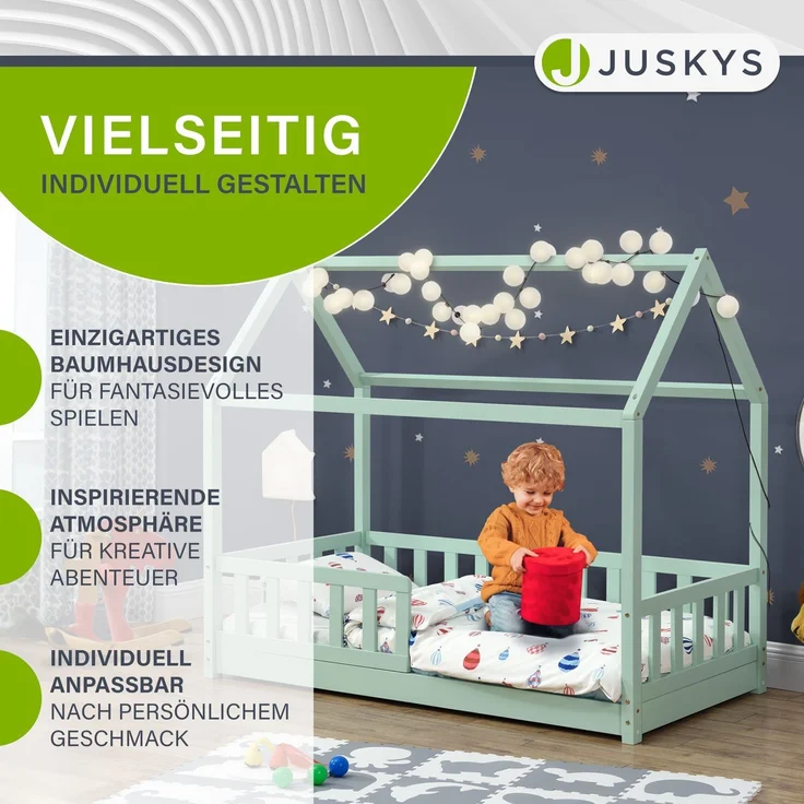 Juskys 'Marli' Hausbett 80x160 cm, mint, Kiefer massiv, mit Rausfallschutz und Lattenrost – Bild 1
