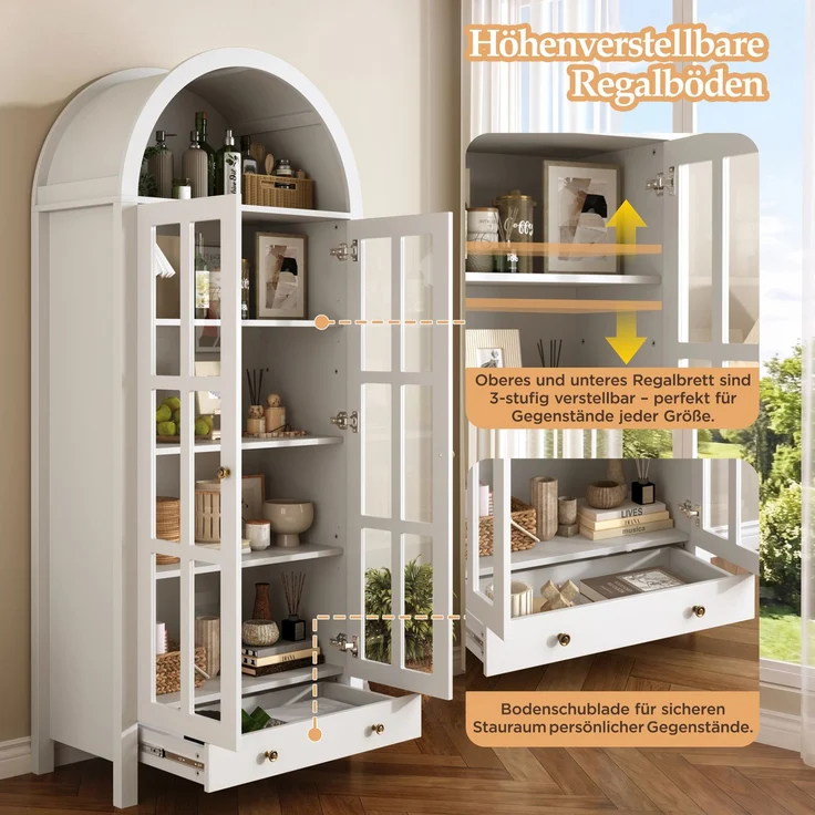 Moderner bogenförmiger Standhochschrank mit mehreren Regalebenen & Schublade – Multifunktionale Vitrine & Regalschrank mit höhenverstellbaren Einlegeböden für Wohnzimmer, Arbeitszimmer und Esszimmer--Weiß--75x35x170.5cm--YOUDENOVA – Bild 9
