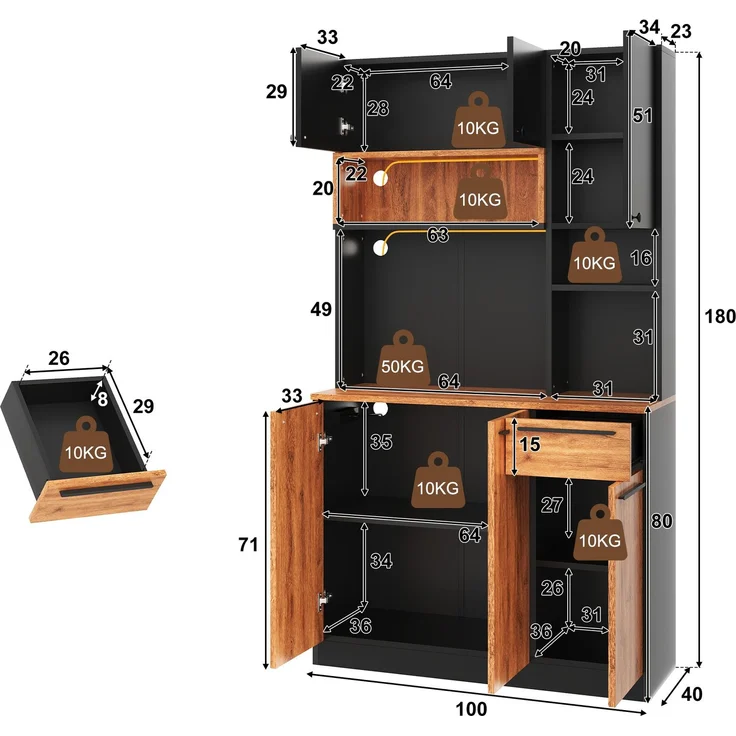 EINHOM Küchenschrank, Hochschrank mit LED-Beleuchtung und Steckdosen, Vorratsschrank mit 6 Türen und 1 Schubladen, Moderner Buffetschrank Sideboard für Küche, Wohnzimmer und Esszimmer, 100 x 40 x 180 cm – Bild 2