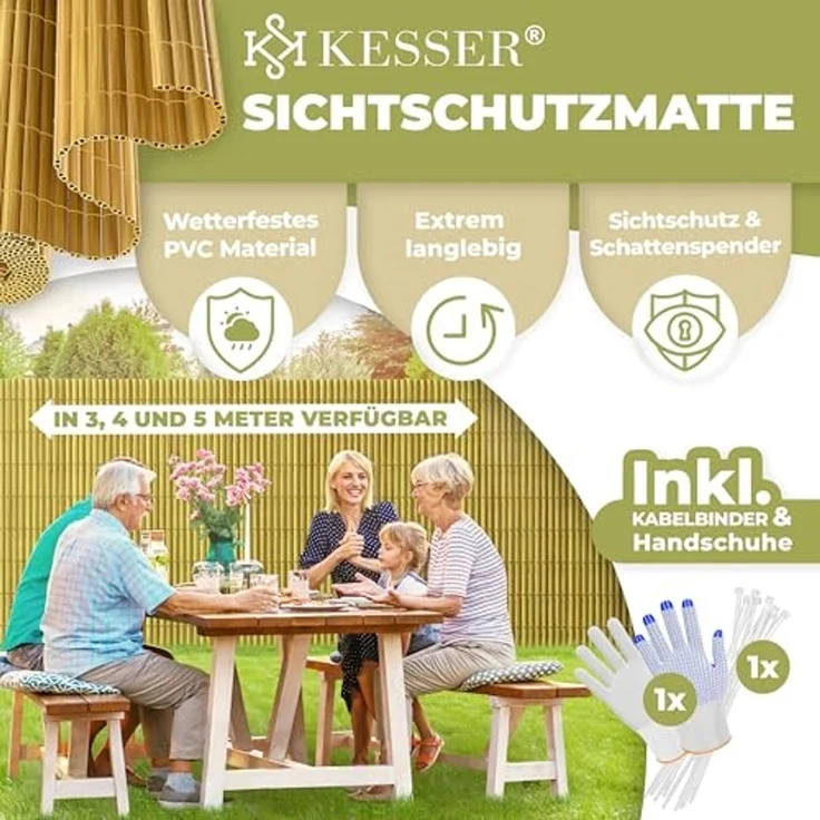 KESSER® PVC Sichtschutzmatte Sichtschutzzaun 100x400 cm Balkonverkleidung Windschutz verstärkte Lamellen für Garten Balkon & Terrasse Balkonumrandung inkl Kabelbindern, Abdeckung & Handschuhe Bambus – Bild 2