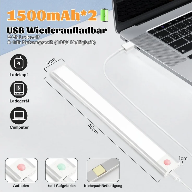 Nettlife LED Unterbauleuchte mit Bewegungsmelder 20/30/40CM Küche Schrankbeleuchtung Dimmbar USB, Dimmbar, LED fest integriert, 3 Farbtemperatur Aufladbar Schrankleuchte für Flur Cabinet – Bild 2