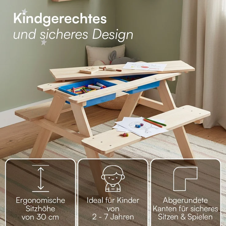 Bellabino 'Inny' Sitzgarnitur für Kinder, Kiefer massiv, natur unbehandelt, 50x89x80 cm, Kindersitzgarnitur für 4 Personen, Matschtisch mit 2 Wannen, ab 2 Jahren – Bild 6