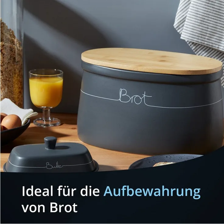KHG Vorratsdose für Brot aus Steinzeug mit Holzdeckel – Brotaufbewahrung für die Küche, Steingut, Stilvolle Brotaufbewahrung aus Steinzeug schützt Brot vor Austrocknung