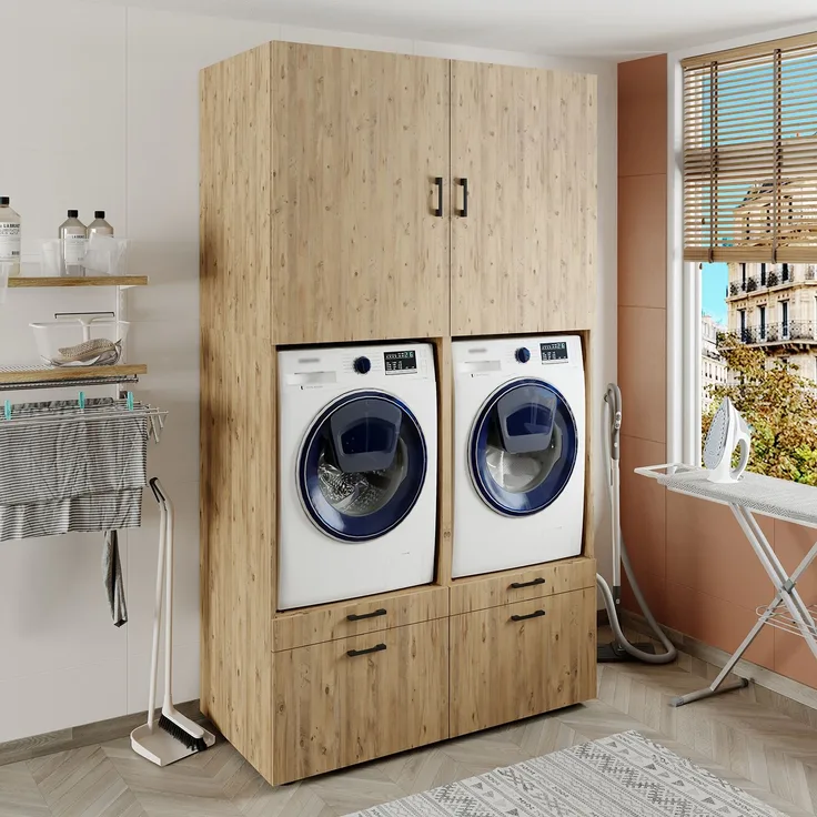 Roomart Waschmaschinenschrank Doppelschrank - SERIE 2 – 134 cm breit, Überbauschrank für Waschküche & Hauswirtschaftsraum– mit Ausziehbrett – • Eiche