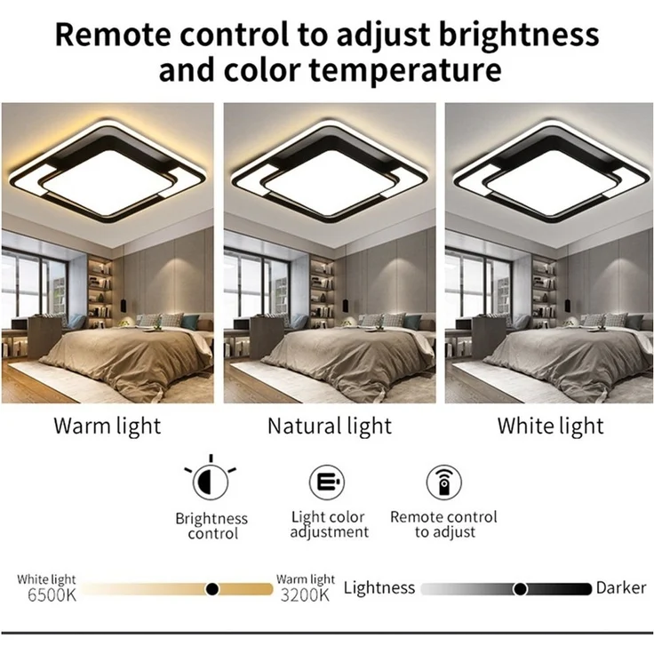 style home Deckenleuchte lampe LED Deckenlampe, 90W Warmweiß bis Kaltweiß 3000K-6000K, LED fest integriert, dimmbar mit Fernbedienung, Quadrat für Schlafzimmer Wohnzimmer Esszimmer 42X6cm,Schwarz – Bild 3