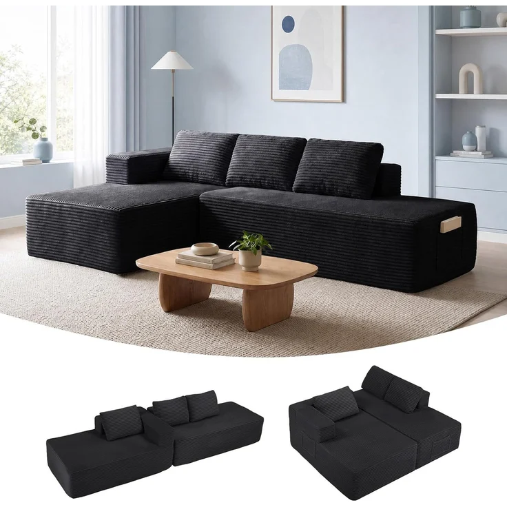 COMHOMA Ecksofa mit Schlaffunktion, 228cm Corduroy Modulares Boneless Couch mit Chaiselongue & Rücken-Metallgestell, L-Form Schlafsofa mit offenem Design, Kissen & Seitentaschen,für Wohnzimmer,Schwarz-R – Bild 5