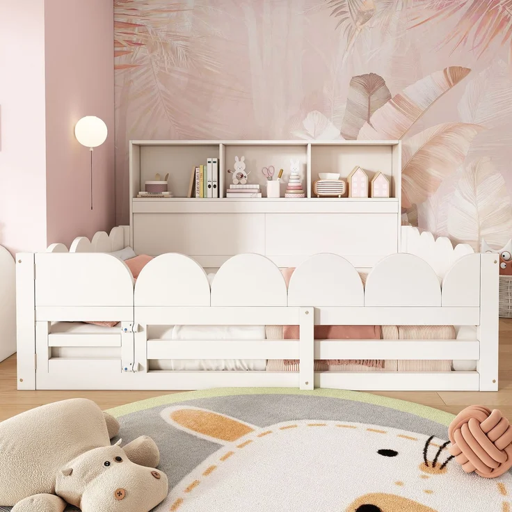 Kinder Bodenbett 140x200 cm Weiß Holzbett mit Rausfallschutz und Tür Lattenrost Kinderbett mit Regal großzügige Liegefläche für Geschwister sicherer Schlaf und Spielbereich ohne Matratze – Bild 9