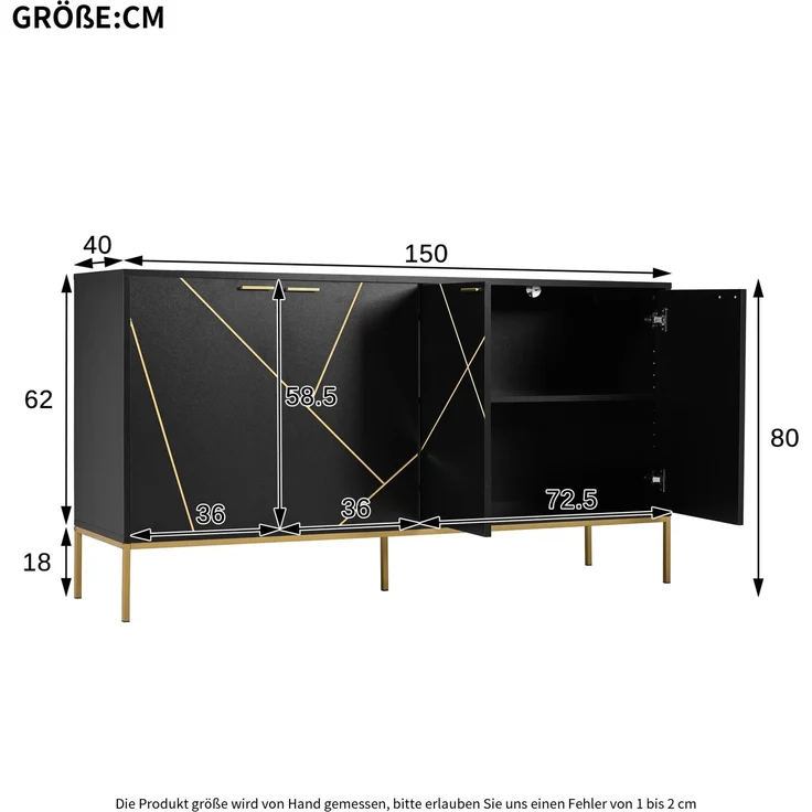 Merax Sideboard mit vier Türen, Metallfüßen, TV-Schrank, Kleiderschrank, geradliniges Design mit Metalllinien-Dekor, Schwarz+Golden – Bild 4