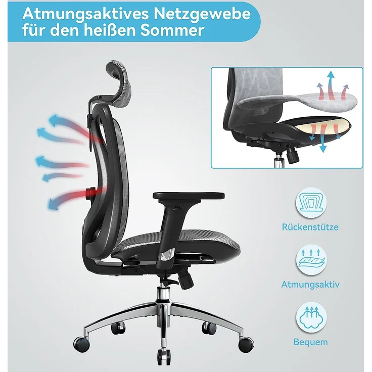 SIHOO Ergonomischer Bürostuhl, Chefsessel mit 3D verstellbare Armlehne und Lendenwirbelstütze, Hautfreundliche Netz-Hochlehne, Schreibtischstuhl bis 150kg/330LB Belastbar, Grau – Bild 4