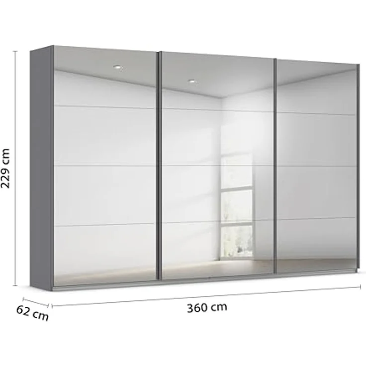 Rauch Möbel Kulmbach, Kleiderschrank mit Schwebetüren für Schlafzimmer, Kinderzimmer, Flur, 3-türig, mit Spiegel und Soft-Close-Funktion, Zubehör Premium, Farbe Grau metallic, Schwarz, Breite 360 cm – Bild 3