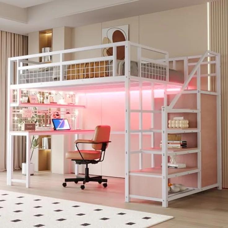 Ball & Cast Loft Bed (140x200 cm) mit Aufbewahrungsleiter und Einfachem Kleiderschrank, Metal Hochbett mit Tisch + Netzregal, Stabil & Rauschlos, Weiß
