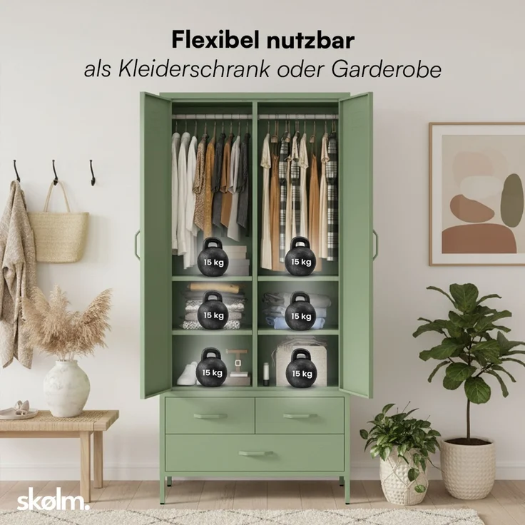 skølm 'Atria' Kleiderschrank mit 3 Schubladen, Metall, 170x45x80 cm, grün, Garderobe mit 4 Fächern und 2 Kleiderstangen – Bild 6