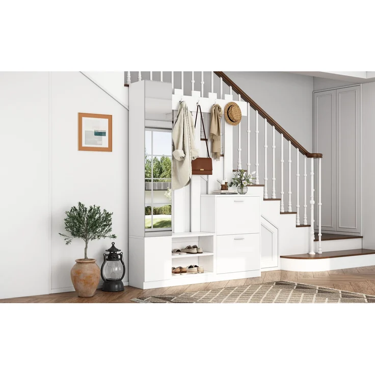 135*25*180cm Garderoben-Set mit Spiegel, Flurschrank, Hängeschrankregal, Kompaktgarderobe, Mit 2 unteren Klapptüren-Schuhschränken + 2 Aufbewahrungsschränke, Geeignet für Türöffnungen, Flure,Weiß--Weiß--135x25x180cm--YOUDENOVA – Bild 10