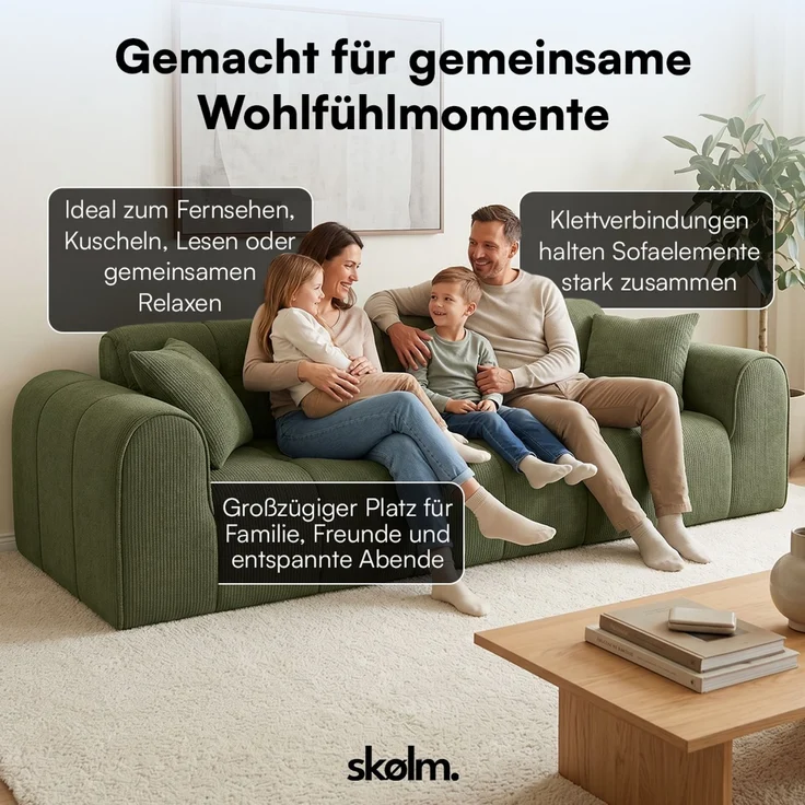 skølm 'Vanaheim' Sofa 3 Sitzer mit 2 Kissen, Cloud Sofa dunkelgrün, Chenille-Stoff, Vollschaumcouch mit Federkern und Vakuum-Kompression, kein Aufbau erforderlich – Bild 4