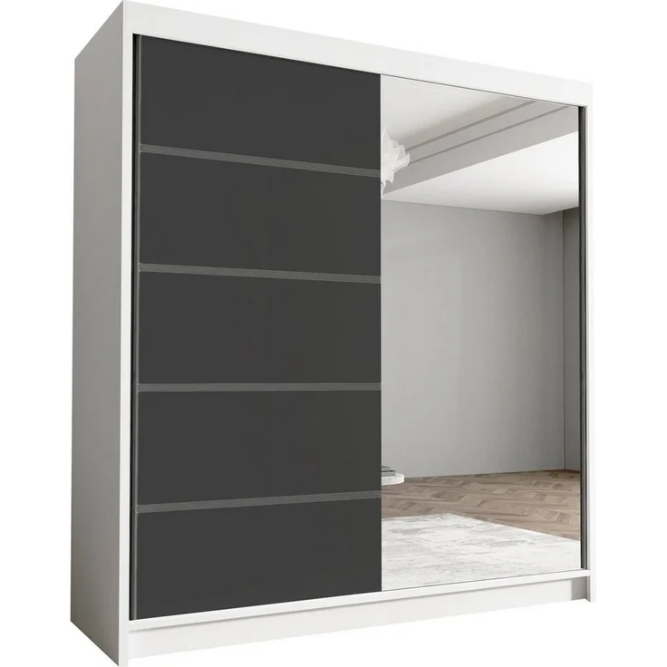 Schwebetürenschrank Harry III 180 cm mit Spiegel - Kleiderschrank, Schiebetürenschrank mit Kleiderstange und Einlegeboden, Schlafzimmerschrank, Schiebetüren - 180x215x58 cm (Weiß/Schwarz) – Bild 1