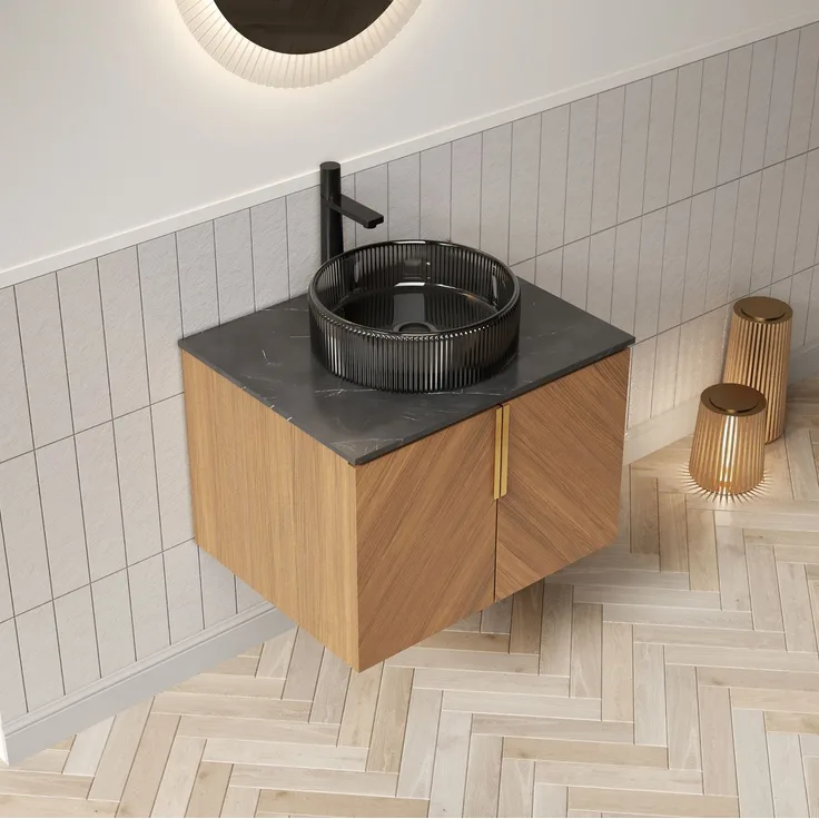 Waschtischunterschrank mit Glaswaschbecken, Soft-Close-Türen, 61x50x52,6 cm, Schwarz & Brauneiche