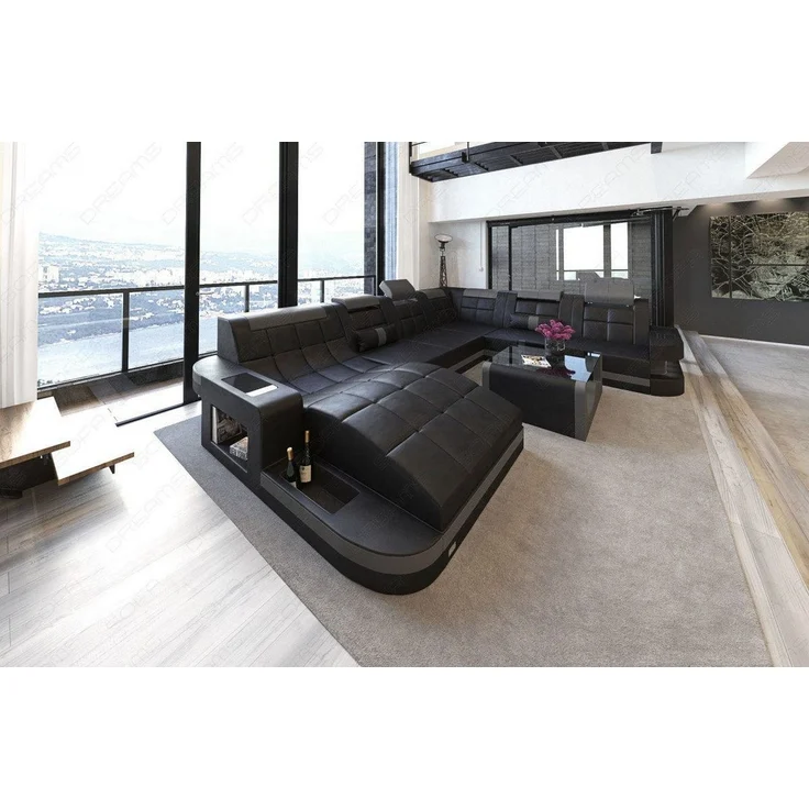 Sofa Dreams - Design Wohnlandschaft Wave XL mit LED - Büffelleder - schwarz-rot - Rechts – Bild 7