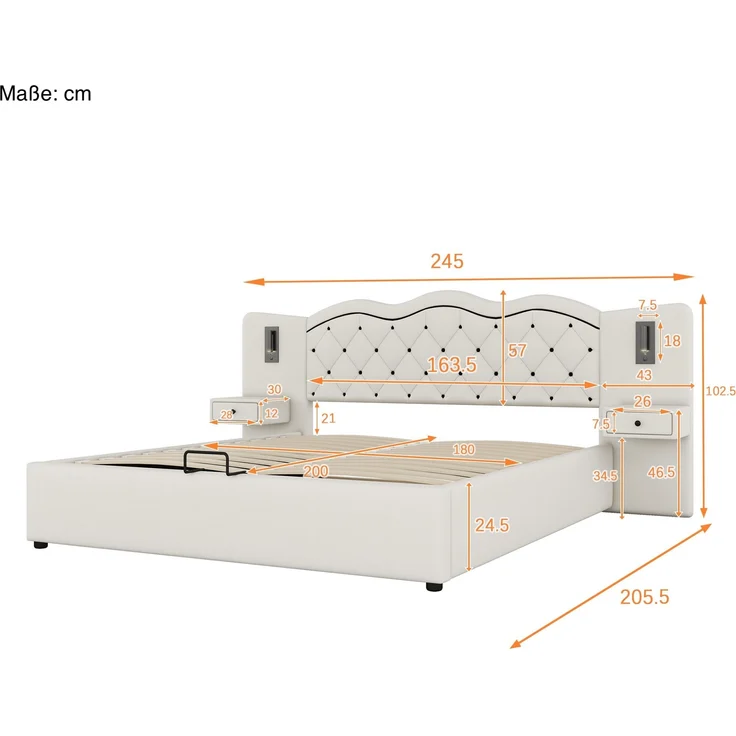 Polsterbett inkl. LED-Beleuchtung und Nachtische (180x200 cm), gepolsterter Kopfteil, USB Anschlüssen, Doppelbett, Leinen – Bild 5