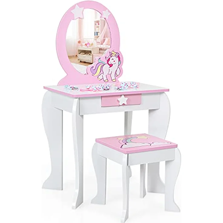 COSTWAY Kinder Schminktisch mit Hocker, rosa Frisierkommode, Prinzessin Frisiertisch mit Schublade & Abnehmbarer Spiegel, Schminkkommode für Mädchen von 3-7 Jahren (Weiß) – Bild 10