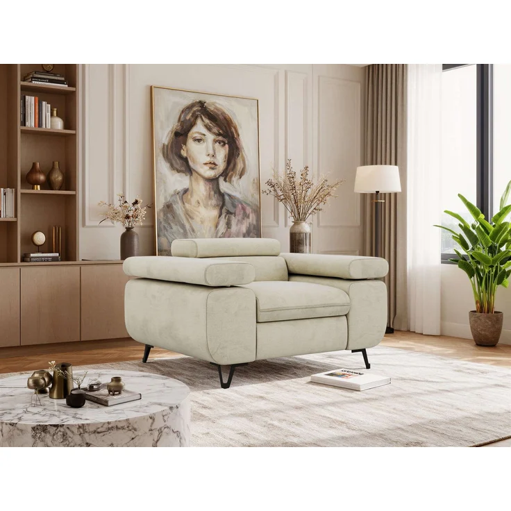 Einzelsessel, Polstersessel PETER mit verstellbaren Armlehnen und Kopfstütze, 1-Sitzer Sofa, Ohrensessel, Wellenfeder - Beige Velvet – Bild 1