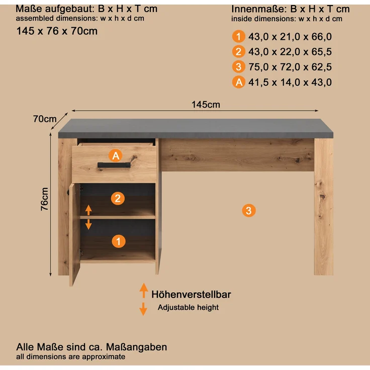 trendteam smart living - Follow - Schreibtisch - Eiche/Anthrazit - Computertisch mit 2 Fächern - (BxHxT) 145 x 76 x 70 cm - Vollauszug Schublade – Bild 12