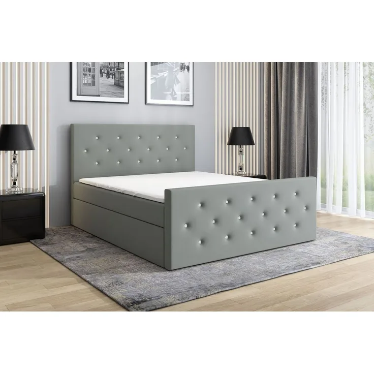 A&J MöbelLand GmbH Boxspringbett REINN mit Kristallknöpfen verziert. (Boxspringbett mit Bettkasten und gepolstertem Kopfteil. Inclusive Topper !, TOP ANGEBOT), Länge 216 cm Höhe 106 cm