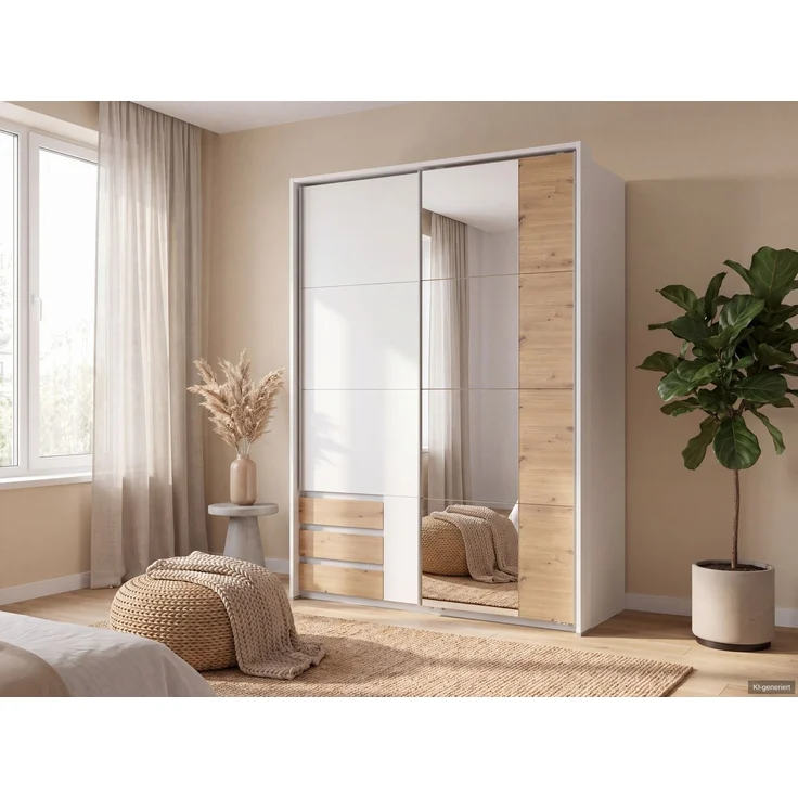 Schwebetürenschrank 2trg. Kleiderschrank 138 cm Weiß Eiche Spiegel Passepartout – Bild 3