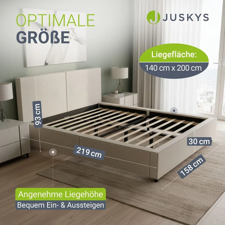 Juskys Polsterbett Salerno 140 x 200 cm – Cord Beige, modernes Bett mit Kopf- & Fußteil, stabilem Holz- & Metallrahmen, Lattenrost, 500 kg Tragkraft – Bild 3